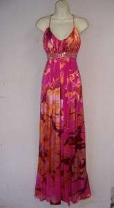 JS BOUTIQUE Pink/Orange Print Jeweled Empire Waist Formal Gown Long 