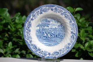   Staffordshire Ware Blue White Country Life Rimmed Soup Bowls Set of 4