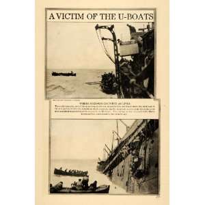  1917 Print WWI U Boat Attack Sink Ship Life Boat Escape 