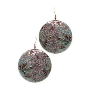  Flower Stamped Round Patina Earrings, Blue green Jewelry