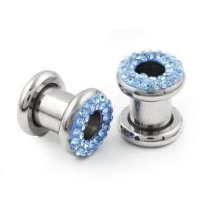 316L Surgical Stee l Screw on Flesh Tunnel Ear Plug with Blue Crystal 