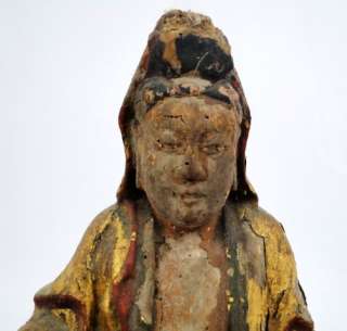 Antique Chinese Ming Dynasty Carved Wood Polychrome & Gold Gilt Buddha 