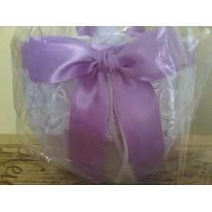 Bridal Chantilly Lace Flower Girl Basket White with Lavender Satin 