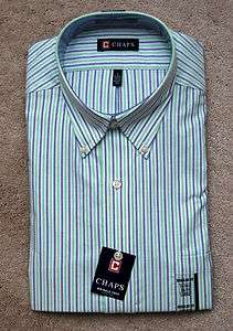 NWT MENS CHAPS BLUE, WHITE, AND GREEN STRIPED BUTTON DOWNS SIZES M, L 