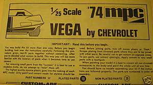 Vintage InstructionsMPC 1974 Vega by Chevrolet  