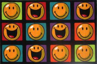 Happy Smiley Colored Smile Squares Fun Nylon Area Rug  