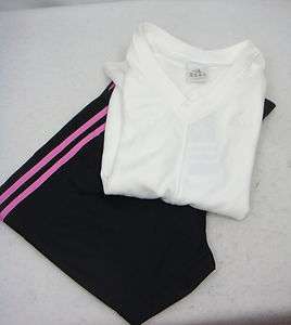   Adidas Tech Mesh Capri Pants and Shirt Small Black/Pink Stripe  