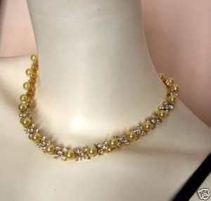 Wedding Party Gold Pearl Crystal Flower Choker Necklace  