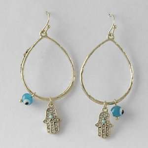   Clear Crystal Studded Hamsa Hand Charms and Blue Glass Evil Eye Beads