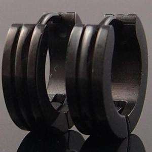 Simple Black Lines Stainless Steel Stud Hoop Mens Earrings  