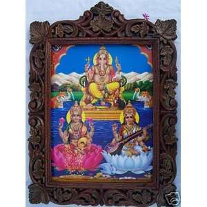  Saraswati, Laxmi & Ganesha pic in Wood Frame Everything 