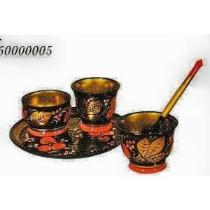 Tray, 3 bowls and spoon set * KHOKHLOMA Russian Hand painted Wooden 