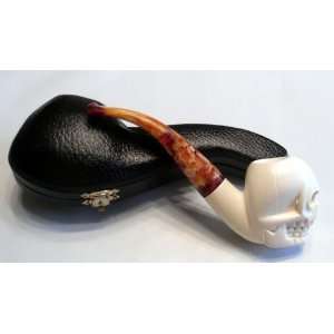 Meerschaum Smoking Pipe   Skull Face with Cranium Sutures Bowl, Curved 