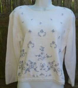 SHENANIGANS white embroidered sweater women Size L  