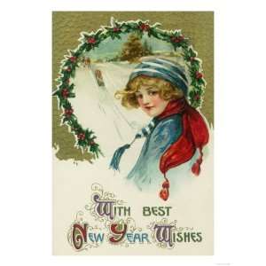  With Best New Year Wishes Sledding Scene Premium Poster 