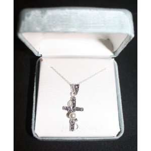  Sterling Silver 18 Black Cross with Pearl Accent Toys 