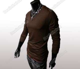 Men’s Solid Color Causal Long Sleeve Tight Basic Tee T Shirt V neck 
