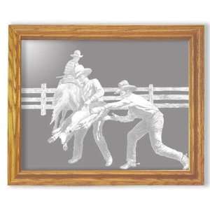 Cowboy Country Art Etched Mirror   Solid Oak Rectangle Frame