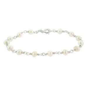   925 Genuine Freshwater Cultured White Pearl Stone Link Bead Bracelet