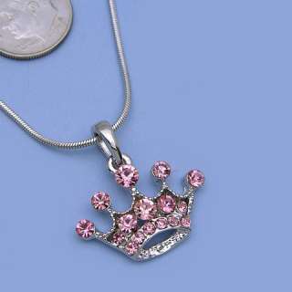 Small Pink Princess Crown Tiara Pendant Necklace n564  