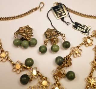   Tag HOBE long Bib Necklace Earrings Green Jade Dangles Daisys  