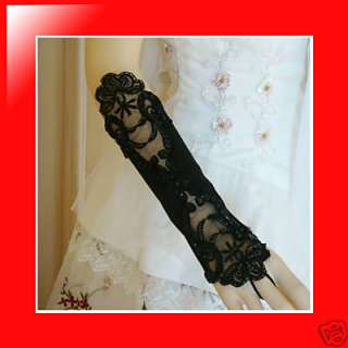 15 Black Stretch Satin Lace Gloves Fancy Dress Gown Wedding Bridal 