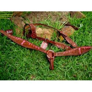   BREAST COLLAR WESTERN LEATHER HEADSTALL PINK CARVING 