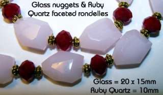 Soft Pink Glass Nuggets~Faceted Ruby Quartz~Chunky Necklace & Stretch 