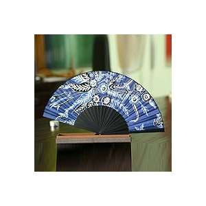  NOVICA Silk batik fan, Deep Blue Blossom