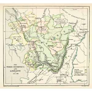  1896 Lithograph Map Lorraine France Duchy Bar Bishoprics 