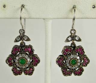 Art Deco 1.54ctw Emerald, Ruby & White Sapphire Rose Gold/925 Earrings 