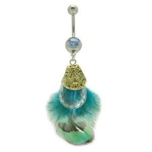 Jeweled Real Feather Belly Ring with Blue Feathers 