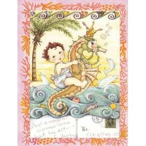  Blank Note Cards Baby Riding a Seahorse At the Beach with Dolphins 