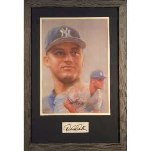 Derek Jeter Litho w/Autographed Cut   Autographed MLB Art  