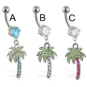    Navel ring with dangling jeweled palm tree, aquamarine   A Jewelry