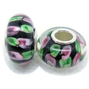  Bleek2Sheek Murano Glass Black w/ Green & Pink Dots Beads 