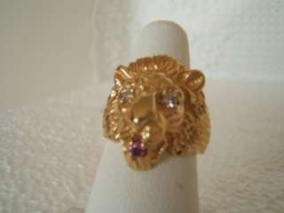 Stunning 14k Gold Leo Lion Head ~ Diamond Eyes and Ruby Mouth~Ladies 