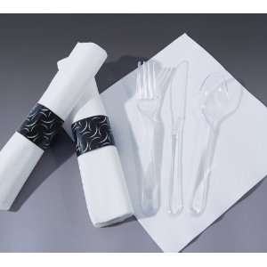   Rolled White FashnPoint Dinner Napkin w/ Black Cutlery