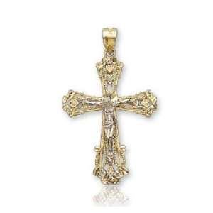  14k Two Tone Gold Filigree Distin Carat Carved Crucifix Jewelry