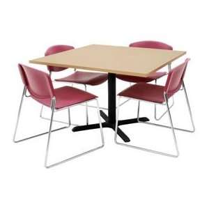  42 Square Table W/ Wide Plastic Chairs   Beige / Burgundy 