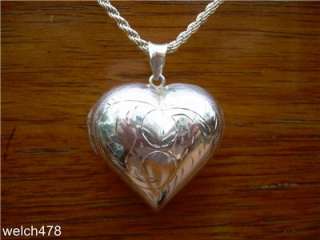 Sterling Silver Rope Necklace & Huge Ornate Puffed Heart Locket 