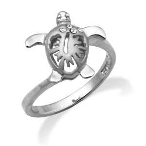   Hawaiian Turtle Honu Hibiscus Ring with CZs, Size 4 Honolulu Jewelry