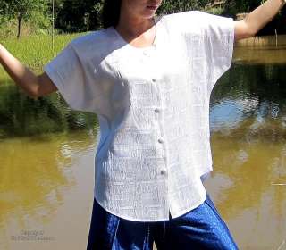 Textured Thai Silk Short Sleeve Womens Shirt in White size XXL  