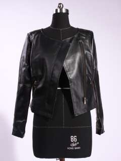 Black Short Collarless Zipper Womens Faux Leather Jacket Coat US Size 