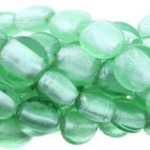 Beads   Silver Foil Glass   Green  Coin Puffy   14mm Diameter, No 