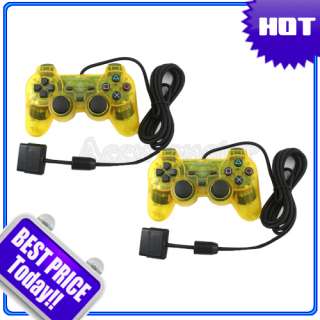 TWO Wired CLEAR YELLOW CONTROLLER FOR PS 2 PS2 NEW  