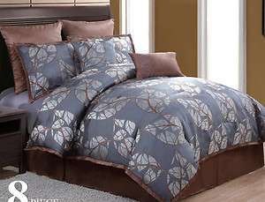 Luxury Comforter Set 12pc Blue Abstract Leaves 600 TC Egyptian Cotton 