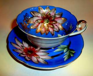 Footed Blue & Floral Trimont Occupied Japan Cup & Saucer  