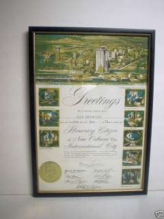 1970 Honorary Citizen Certificate New Orleans Moon Landrieu Mayor 
