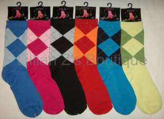 Lot of 6 Pairs Womens Quality Patterned Argyle Crew Socks   Casual 